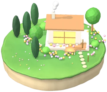 The finished cabin with lit windows, flowers and a path