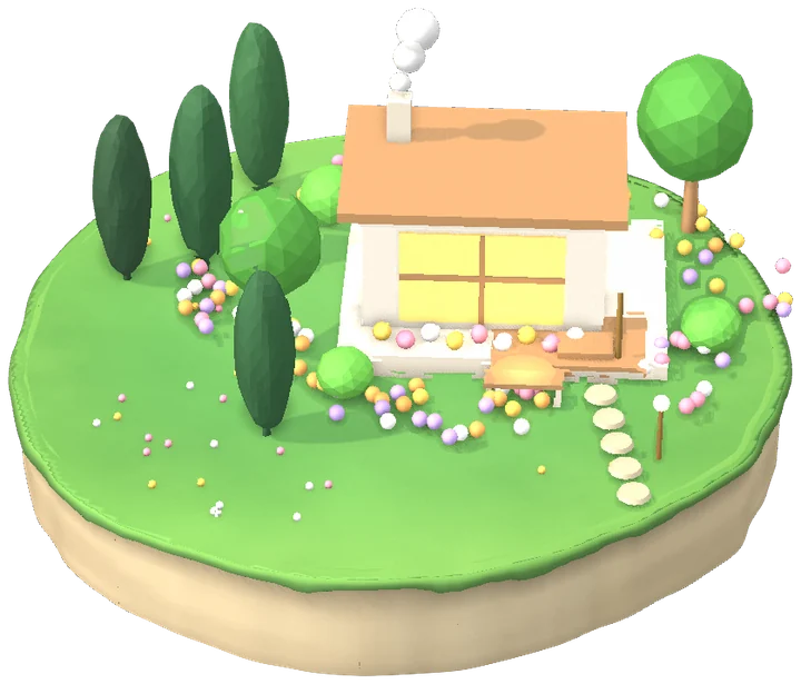 A small island with a finished cabin, lit windows, flowers and a stone path