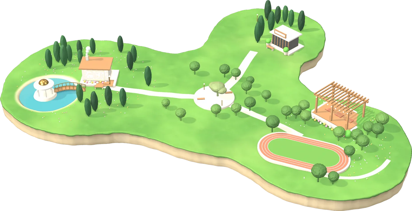 A small green island with a writer's cabin by a pond, a training ground with a running track, and a glass studio among cypress trees